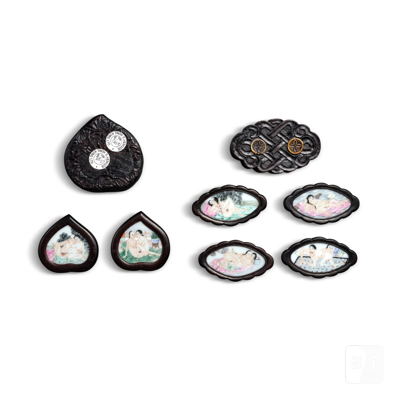Two sets of famille-rose 'erotic subject' plaques, Qing dynasty, 19th century | 清十九世紀 粉彩春宮圖瓷板兩套